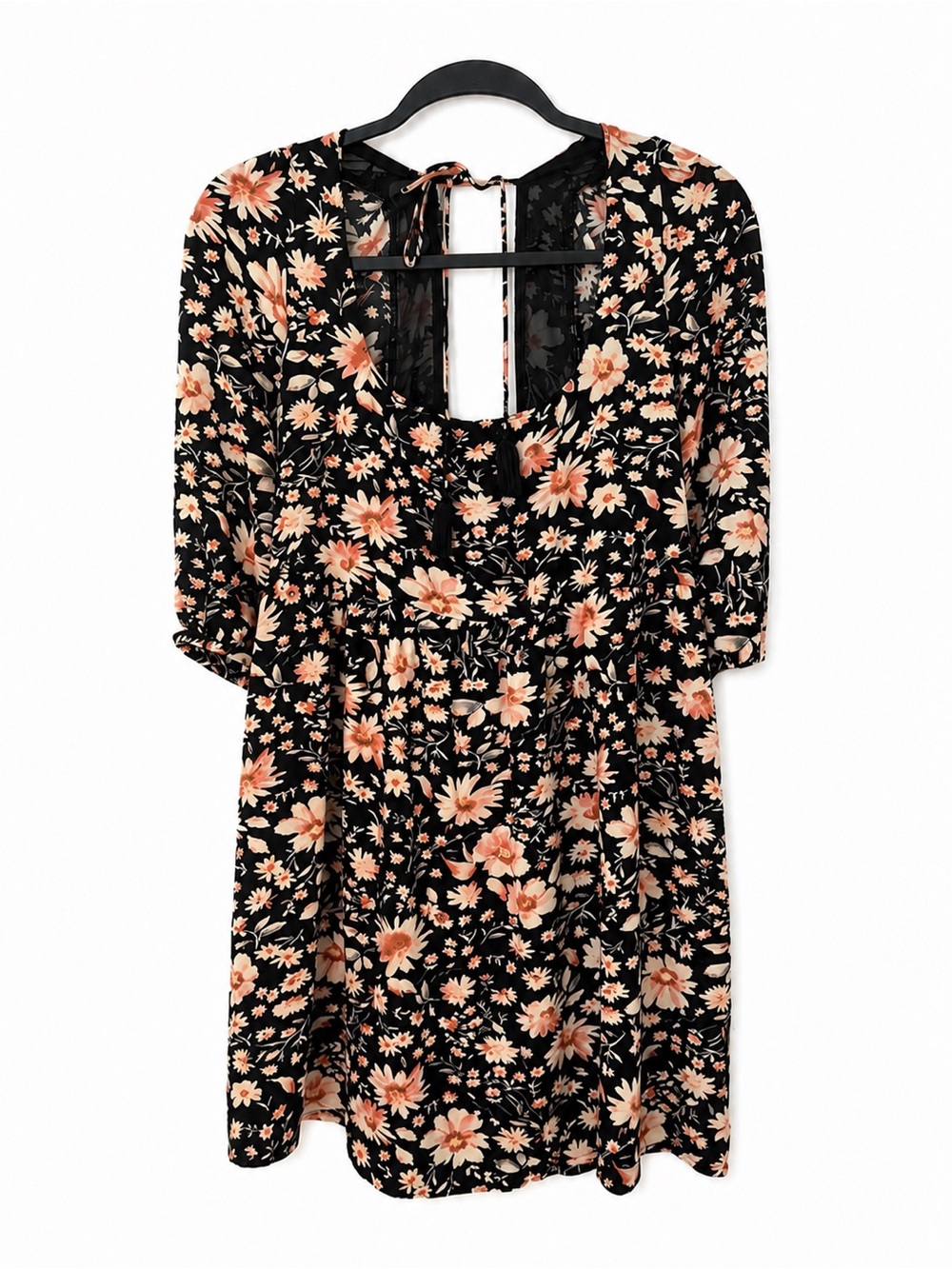 American Eagle Black Floral Babydoll Dress Open Tie Back Coquette Cottagecore M